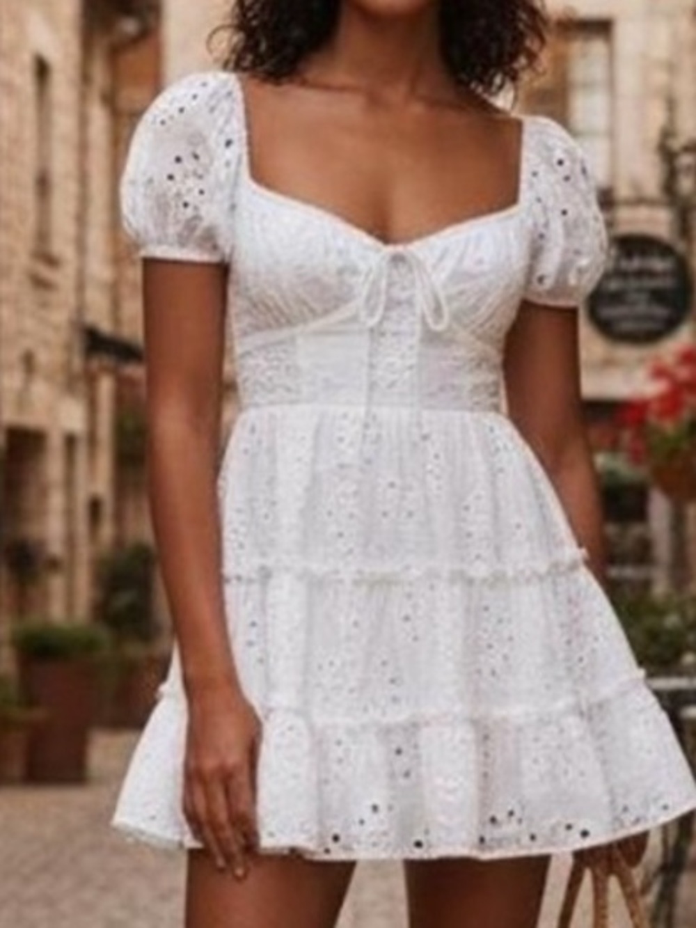 White Eyelet Puff-Sleeve Mini Dress